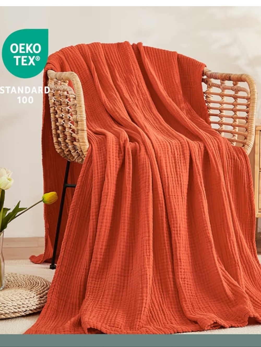 OEKO-TEX® Orange Rust Gauze Throw Blanket - Soft Lightweight Cozy Throw